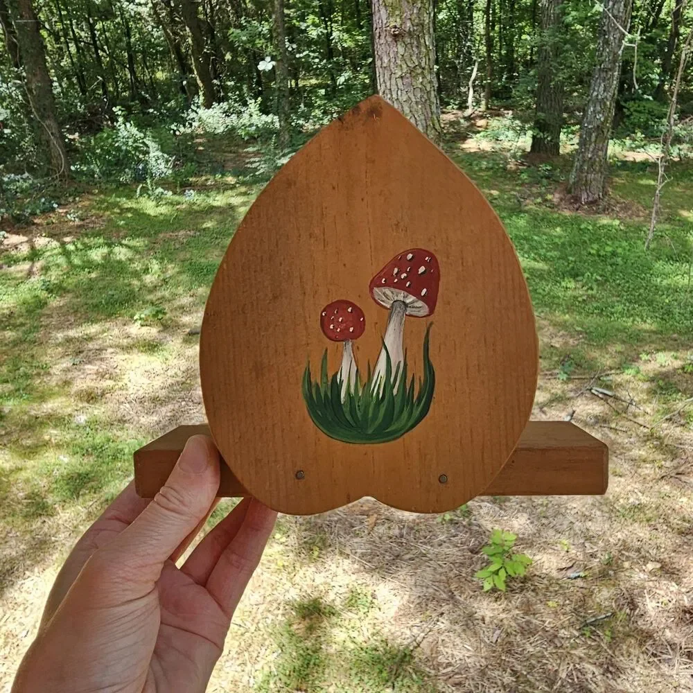 Handmade Hand-Painted Wooden Mushroom Napkin Holder Cottagecore Rustic Folk Art